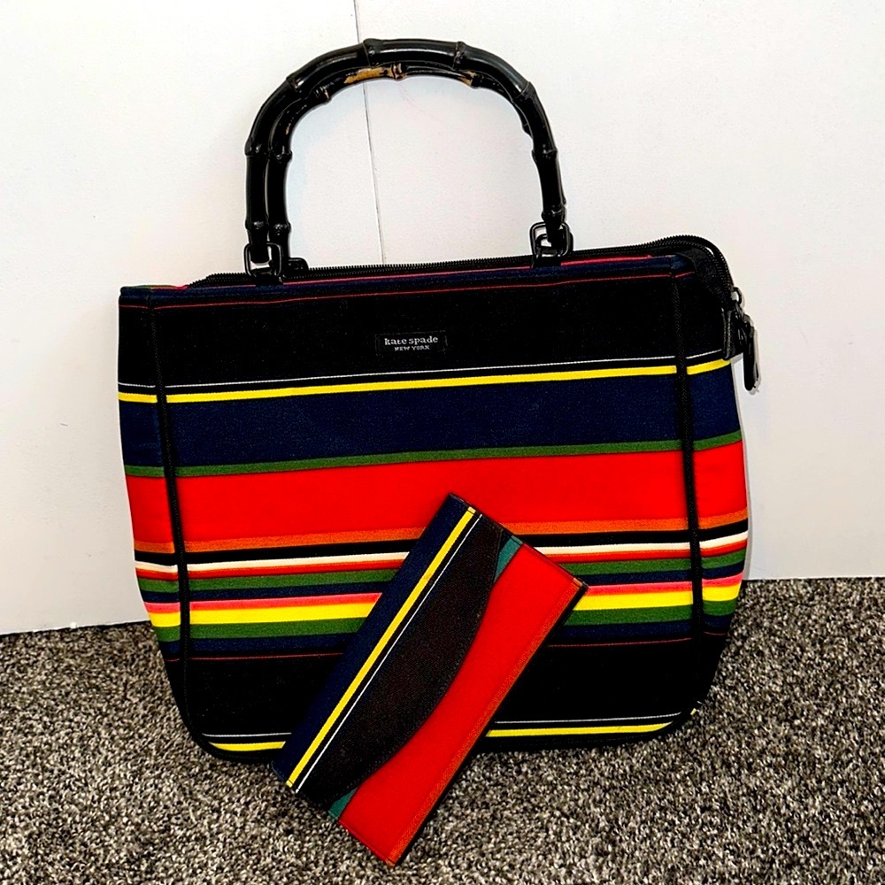 Kate Spade handbag with matching wallet. Striped with bamboo handles.